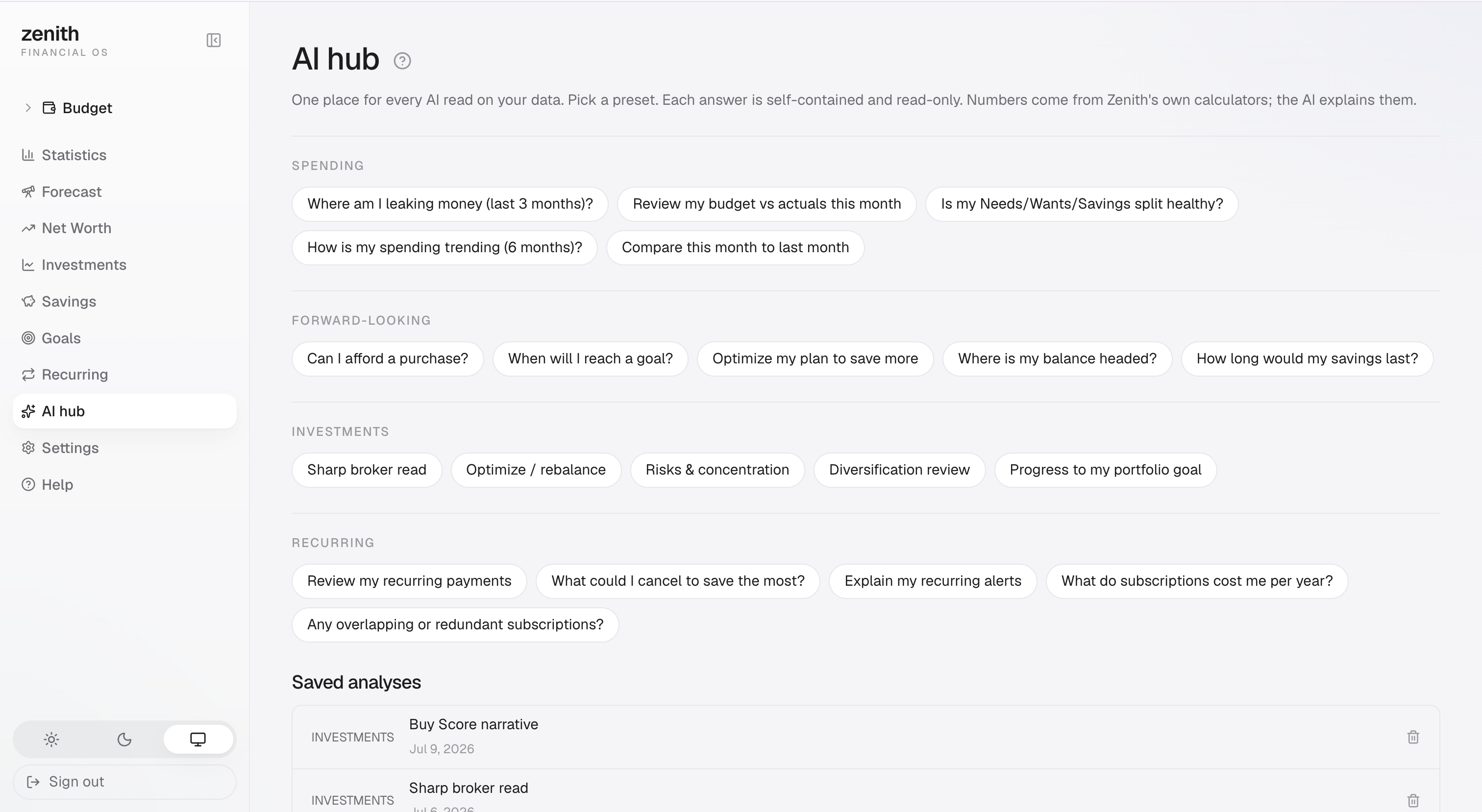 Screenshot: AI hub with preset buttons and a saved analysis