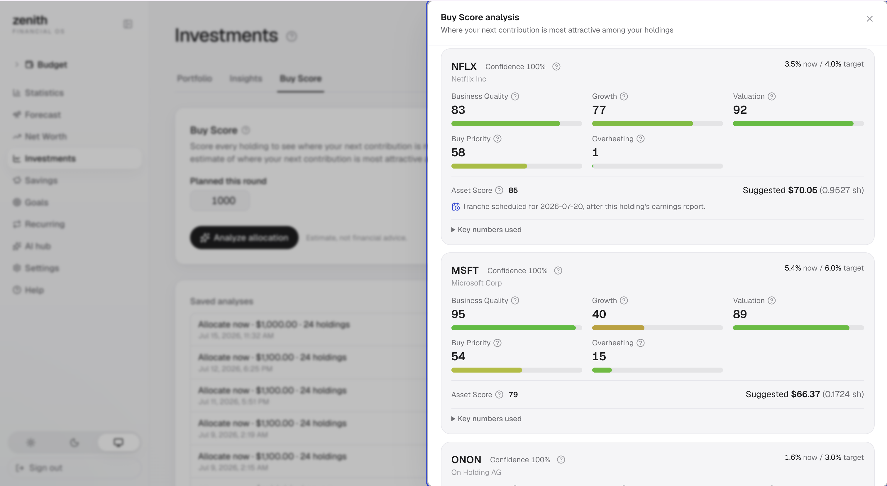Screenshot: Buy Score analysis drawer with three scores and suggested split