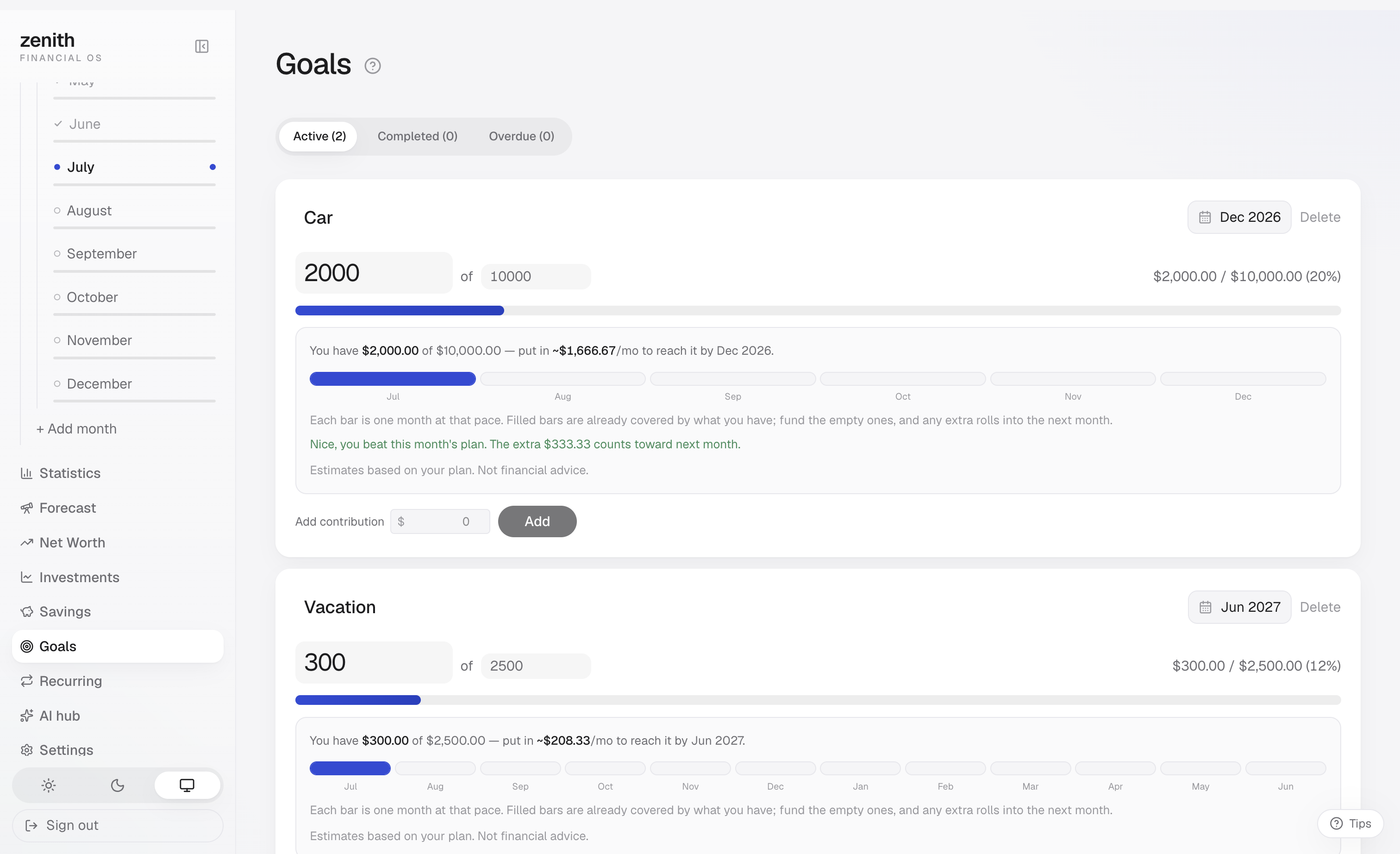 Screenshot: Goals page with dotted monthly segments
